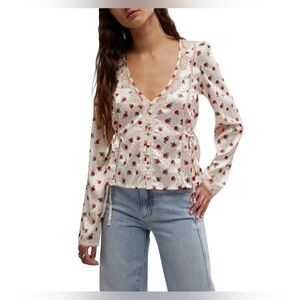 NWT Free People XS Field Of Roses Satin Lace Top V-Neck Coquette Peasant